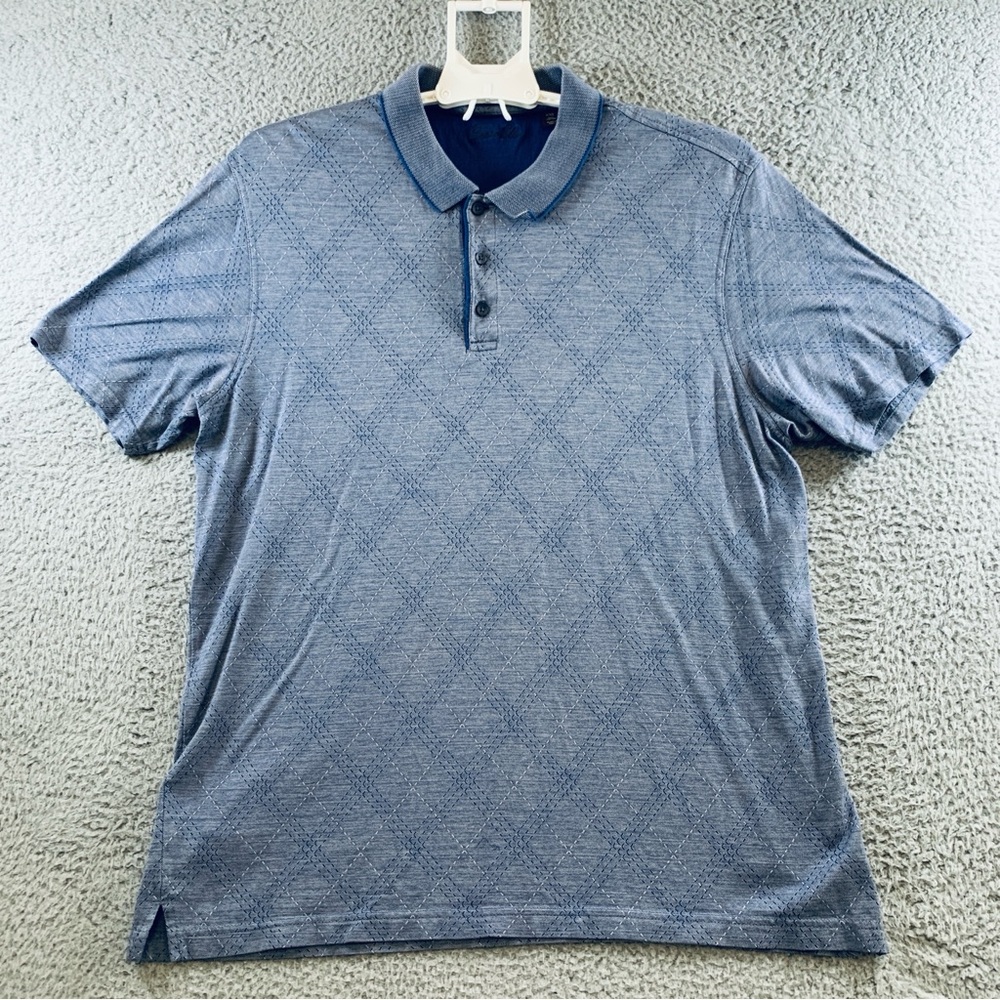 Tasso Elba Mens Short Sleeve Diamond Printed Textured Polo Shirt Cotton Blue XXL